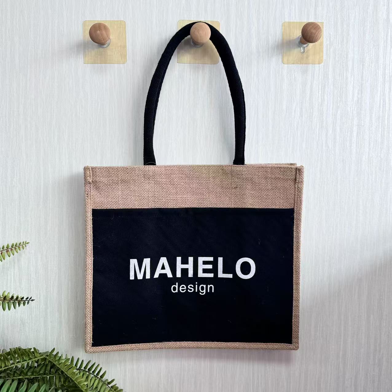 Linen handbag with black front printing