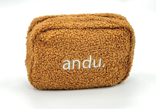 Teddy plush makeup pouch with embroidery