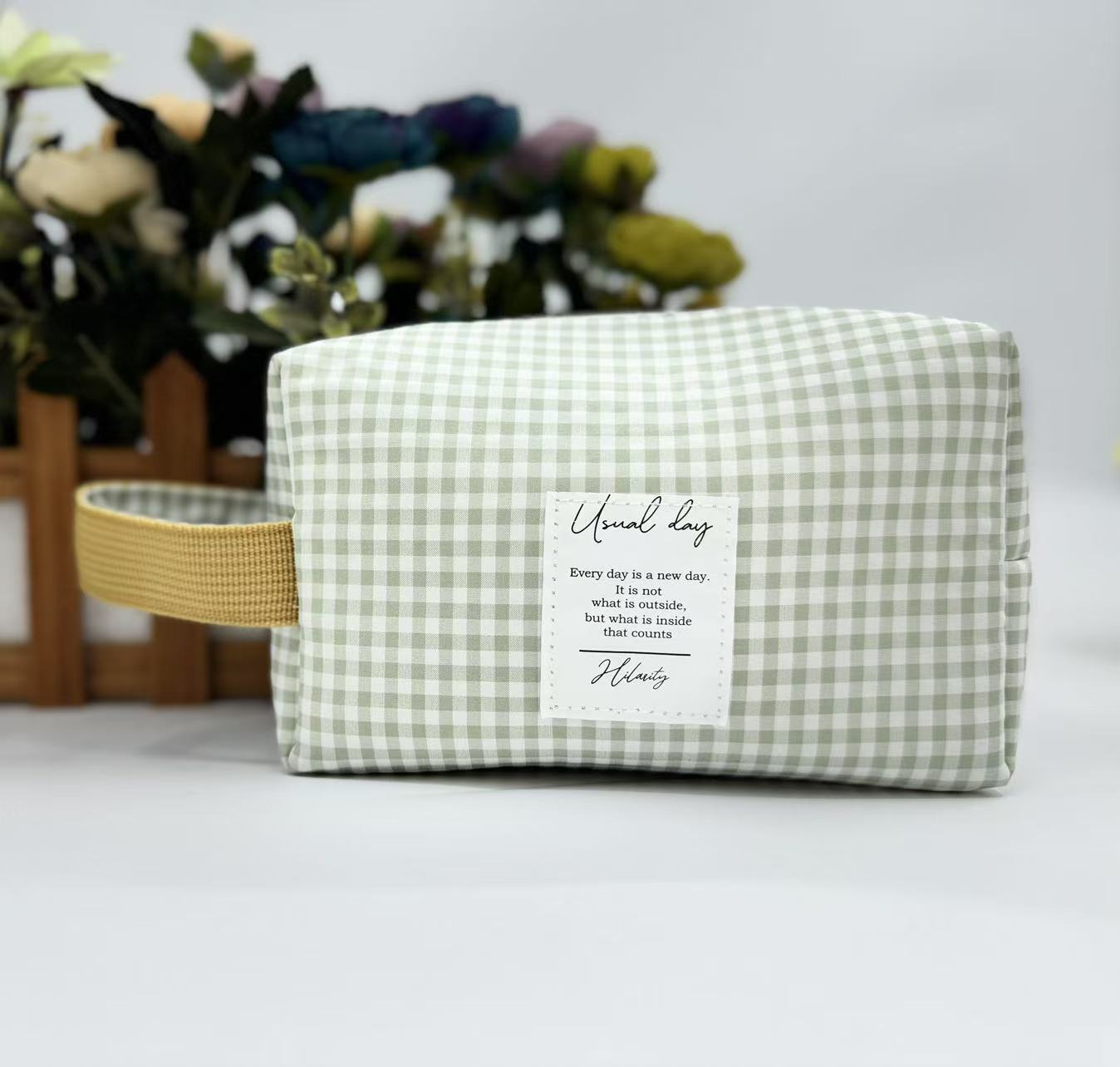 Check pattern makeup pouch with side handle